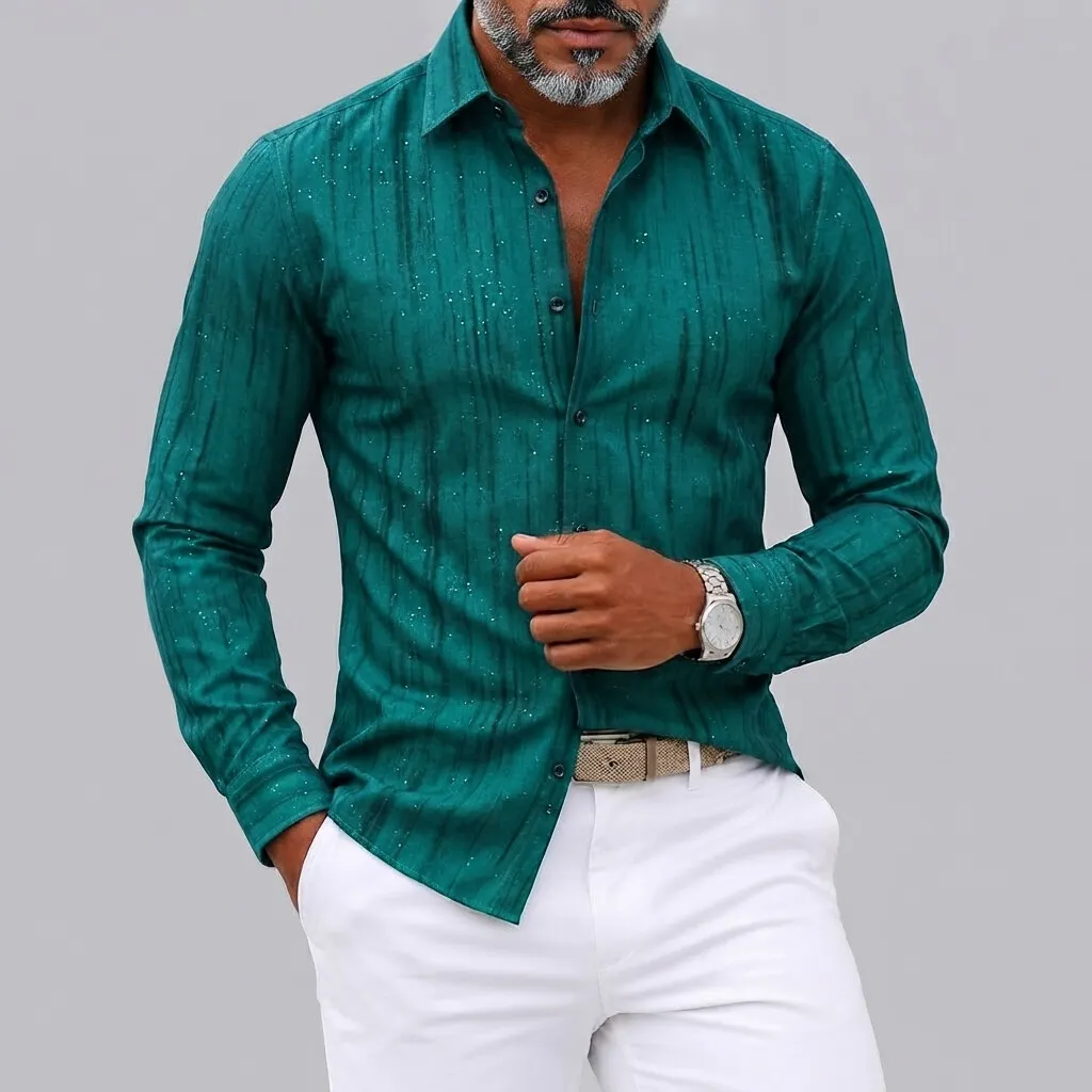 para hombre Abstract Stripe Print Turndown Collar de corte entallado de manga larga camisa