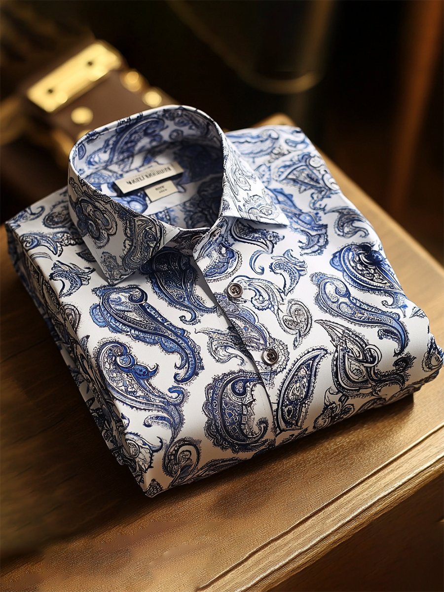 Camisa casual Festive Paisley estampado de manga larga para hombre