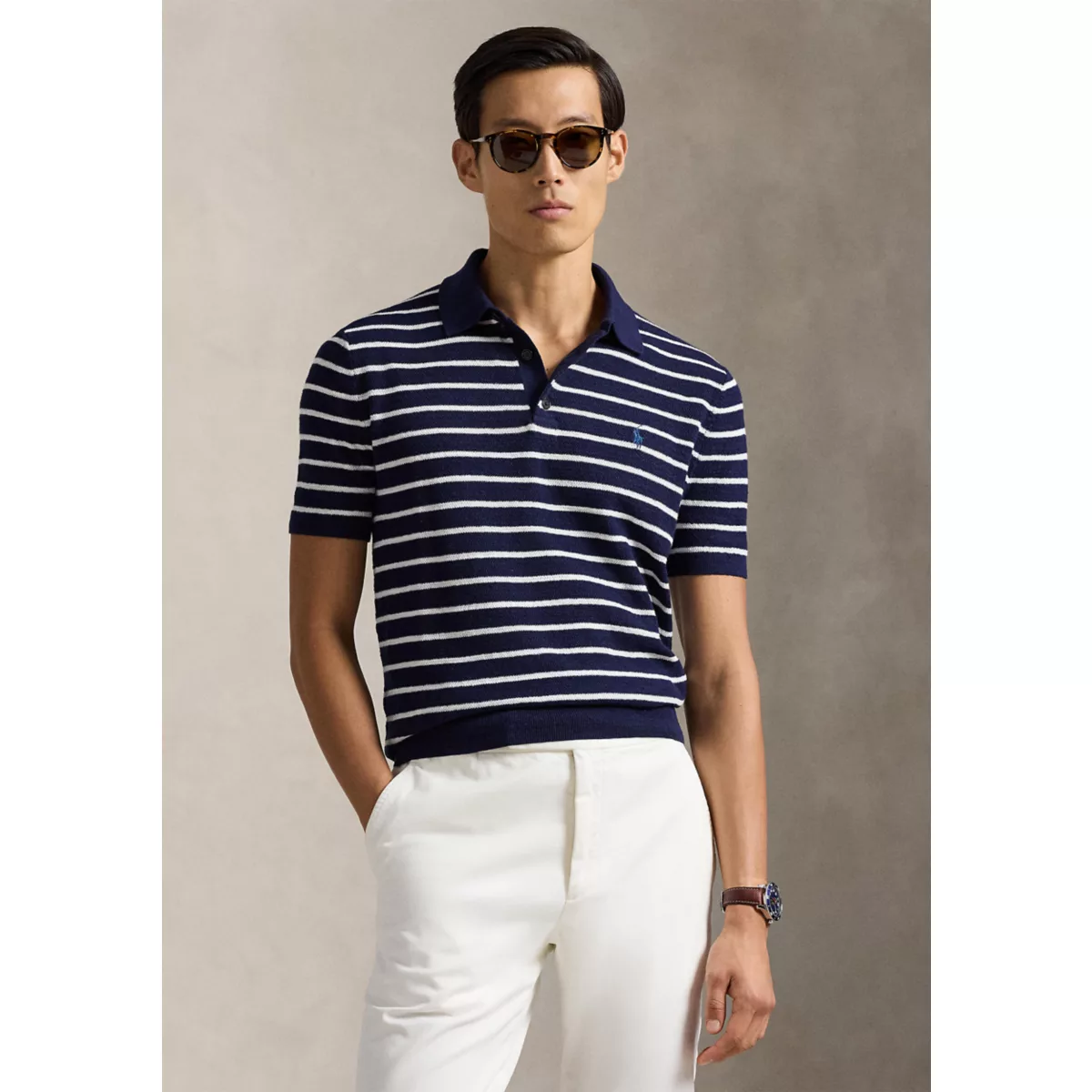 Striped Cotton-Linen Polo-Collar Sweater - 1