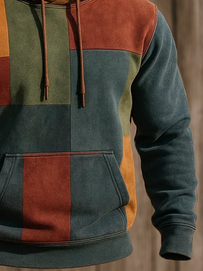 Sudadera retro desgastado en bloques de color estampado casual de manga larga para hombre