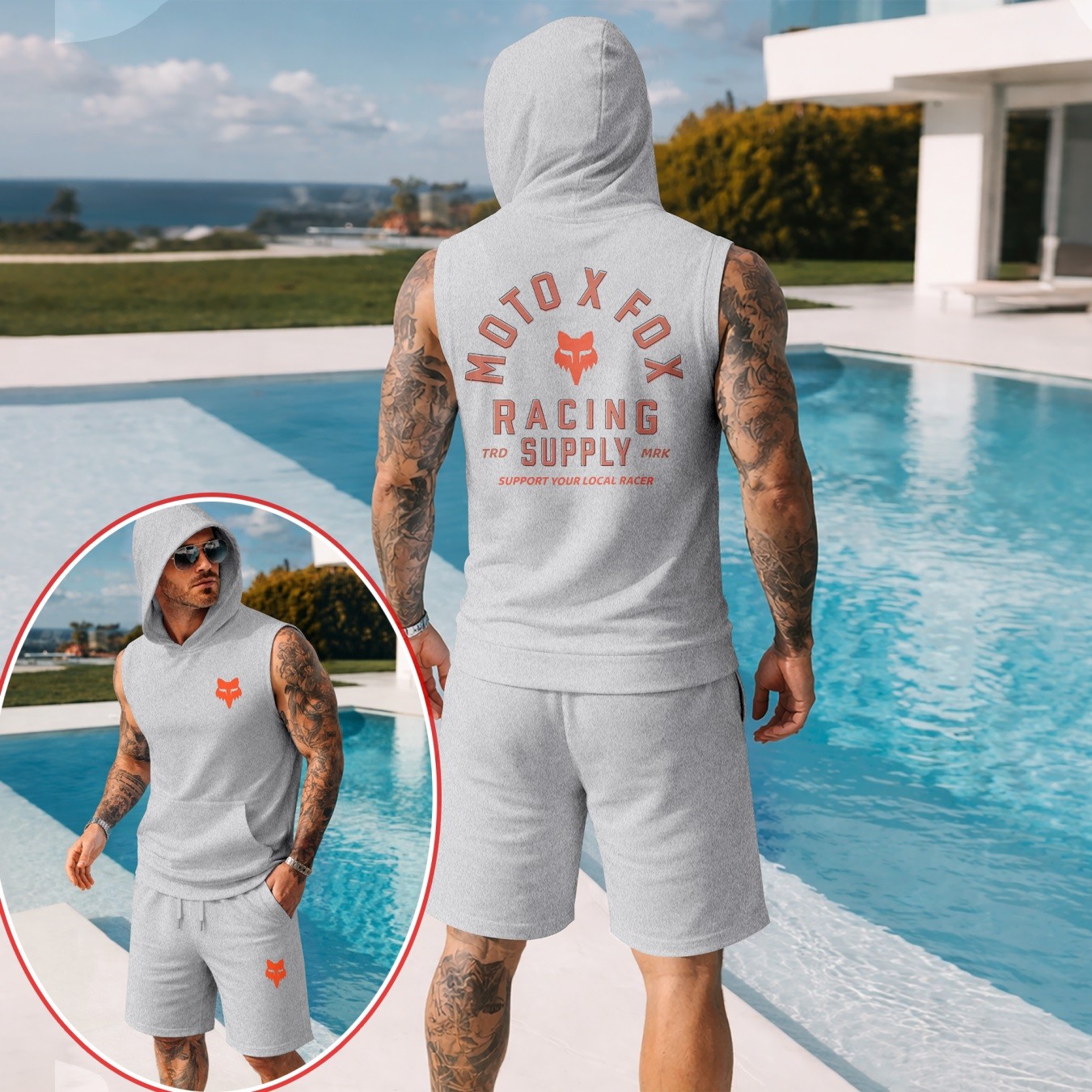 Conjunto de dos piezas : retro-estampado Hooded Vest & shorts — Regular Fit, casual Sporty Style, Sleeveless Top & shorts; Summer Apparel para hombre