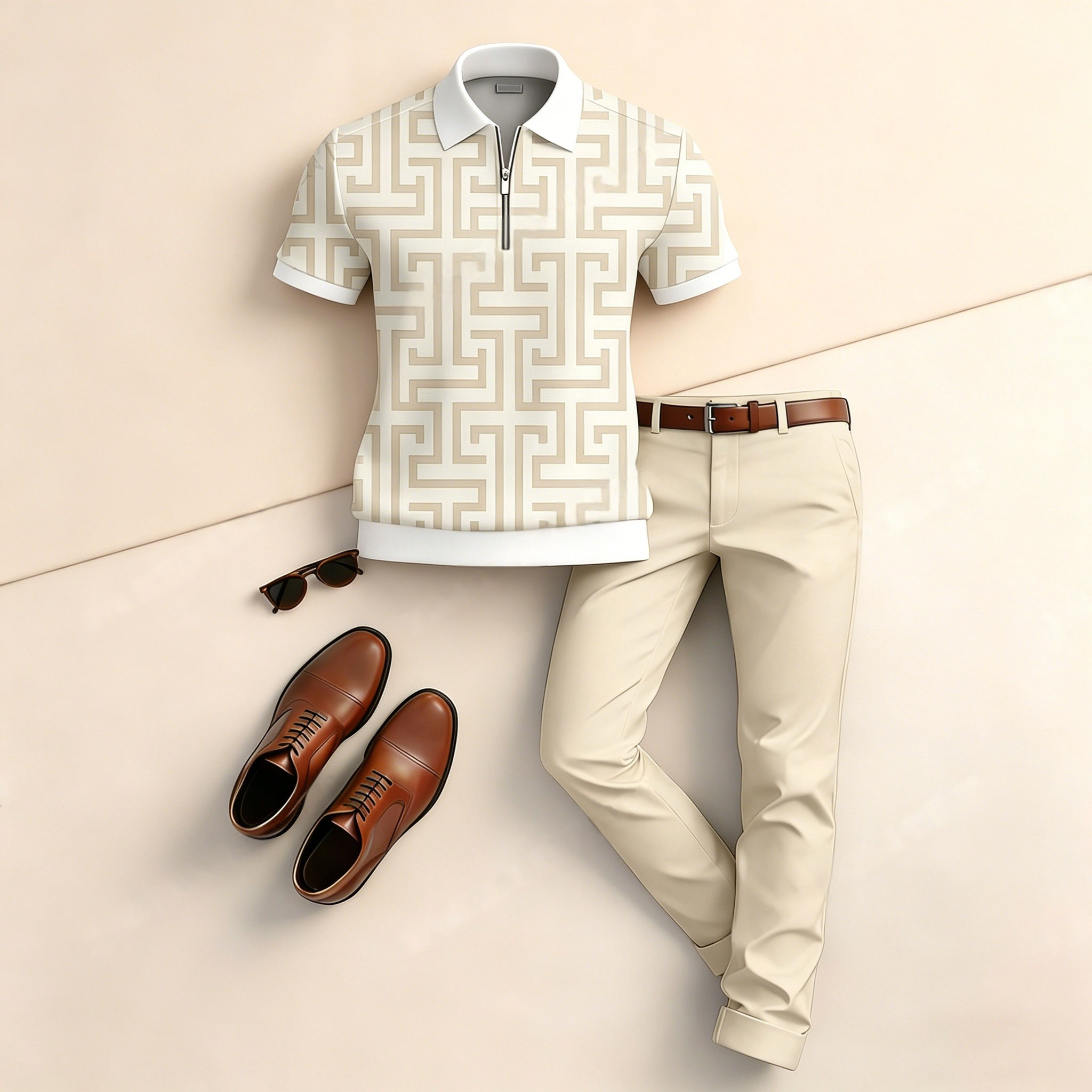 Conjunto de dos piezas casual Beige-Bottomed vintage floral estampado de manga corta camisa polo And pantalón para hombre