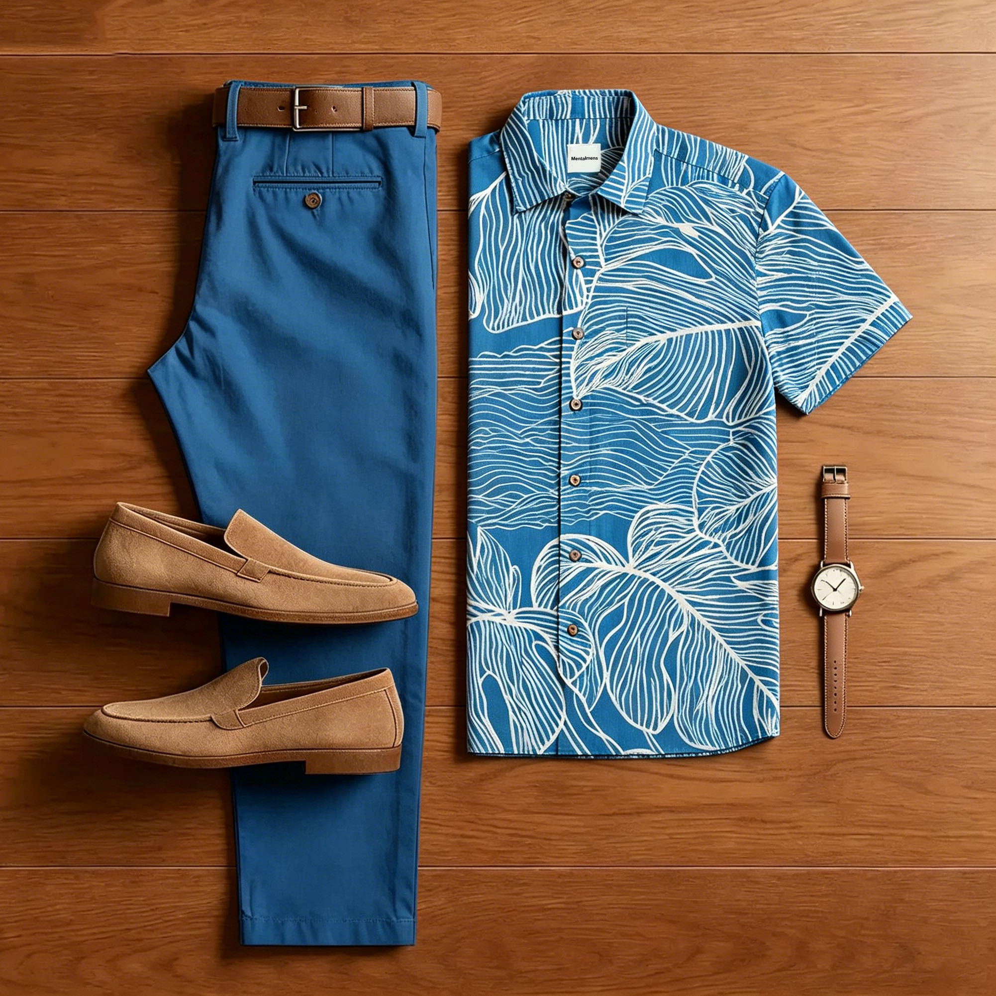 Conjunto de dos piezas White Leaves estampado With Polo Collar camisa & pantalón para hombre