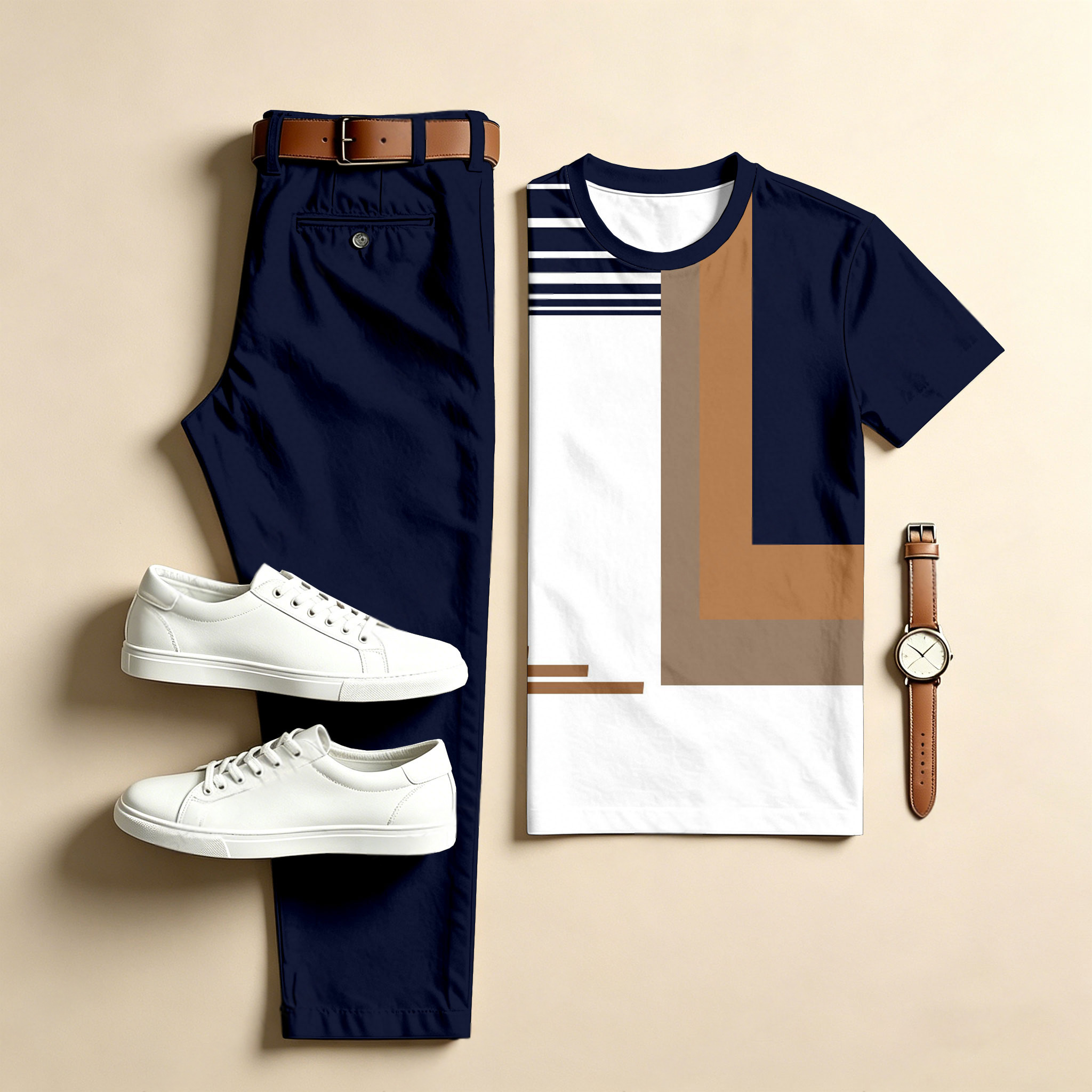 Conjunto de dos piezas casual Color-Blocked Geometric : estampado Crew Neck de manga corta Top & Long pantalón para hombre
