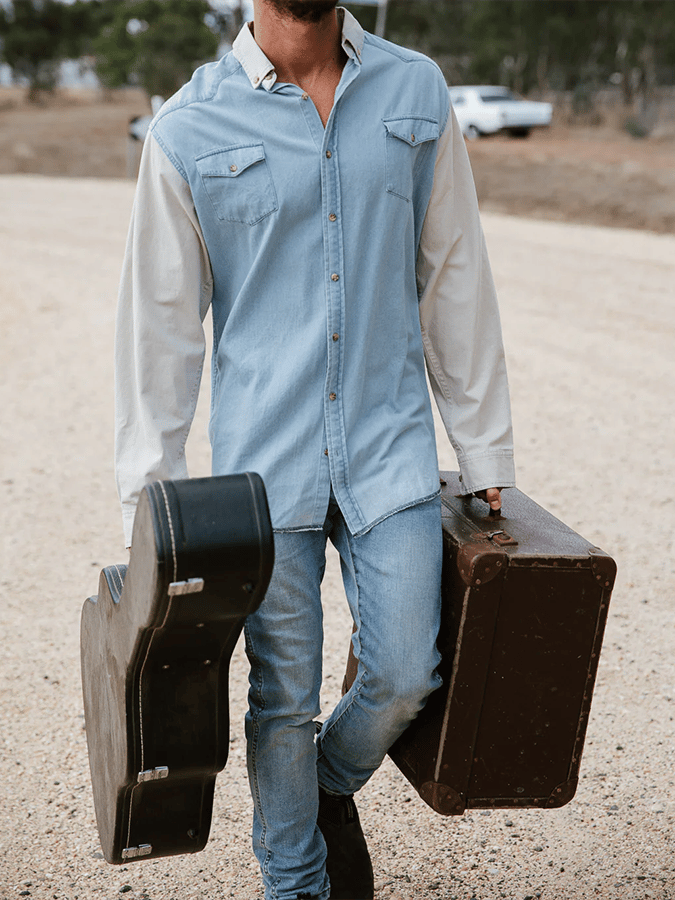Camisa retro Western Ethnic Style de color sólido para hombre