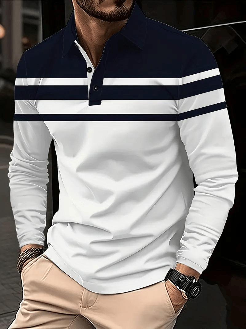 Camisa polo ejecutivo casual a rayas de manga larga para hombre