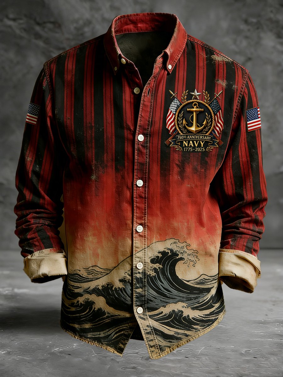Camisa vintage commemorative estampado de manga larga para hombre