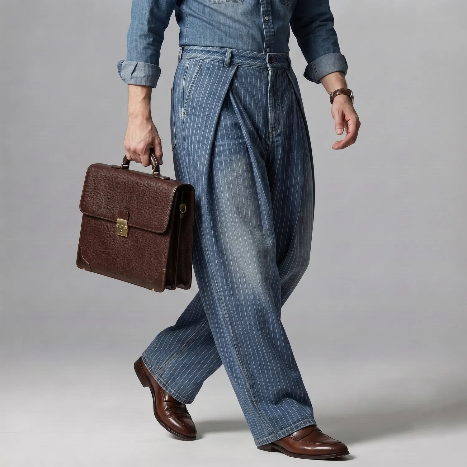para hombre Pinstripe Pattern Slant Pocket Pleated Wide Leg Denim pantalón