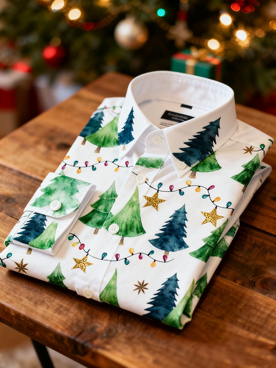 Camisa ejecutivo Christmas Evergreen Tree estampado de manga larga para hombre