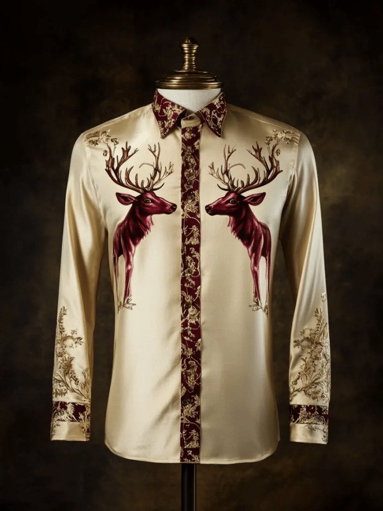 Camisa de lujo vintage Contrast Deer de manga larga para hombre