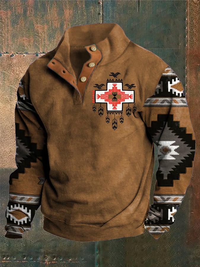 Sudadera Western Style estampado Stand cuello Button para hombre