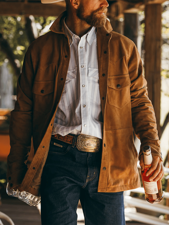 Chaqueta vintage gamuza Multi-bolsillo solapa para exterior para hombre