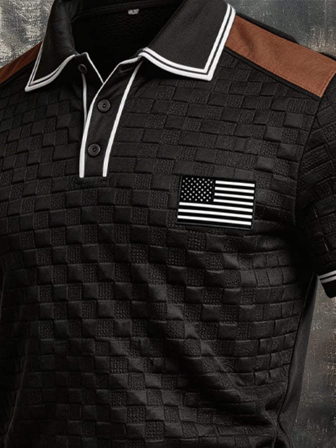 Retro Textured Color-Blocked Polo Collar de manga cortas para hombre