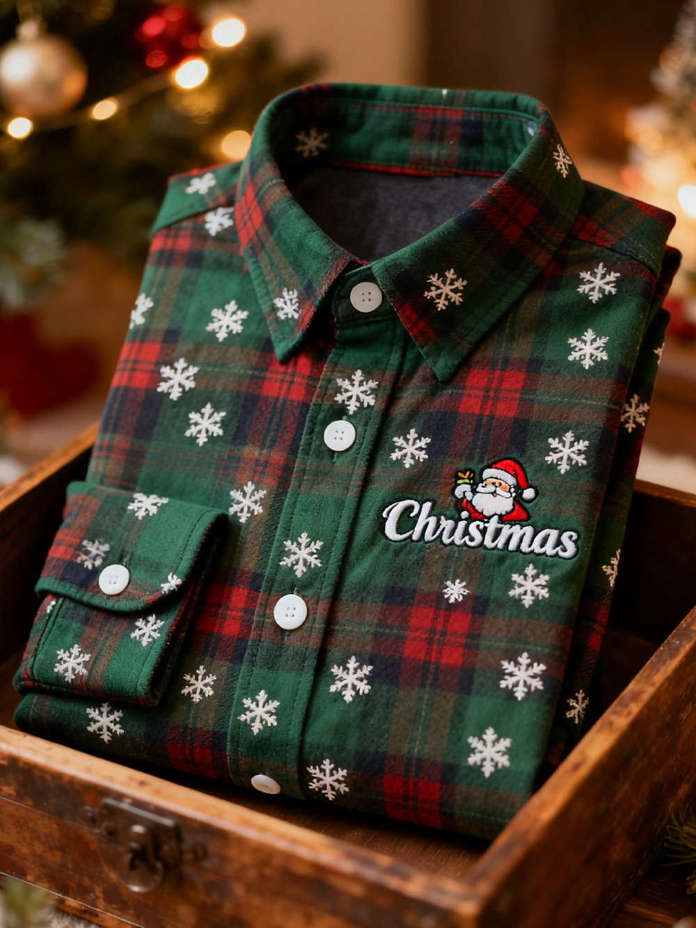 Camisa retro Christmas a cuadros diseño de manga larga para hombre