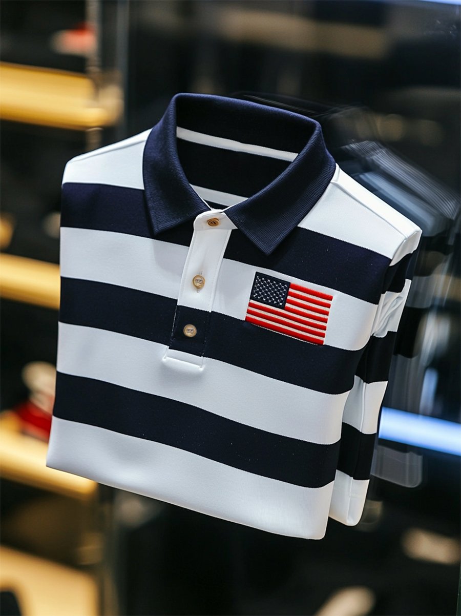 Camisa polo ejecutivo casual Independence Day a rayas Button de manga corta para hombre