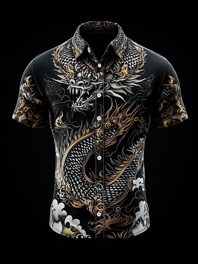 Camisa casual retro Dragon estampado de manga corta para hombre