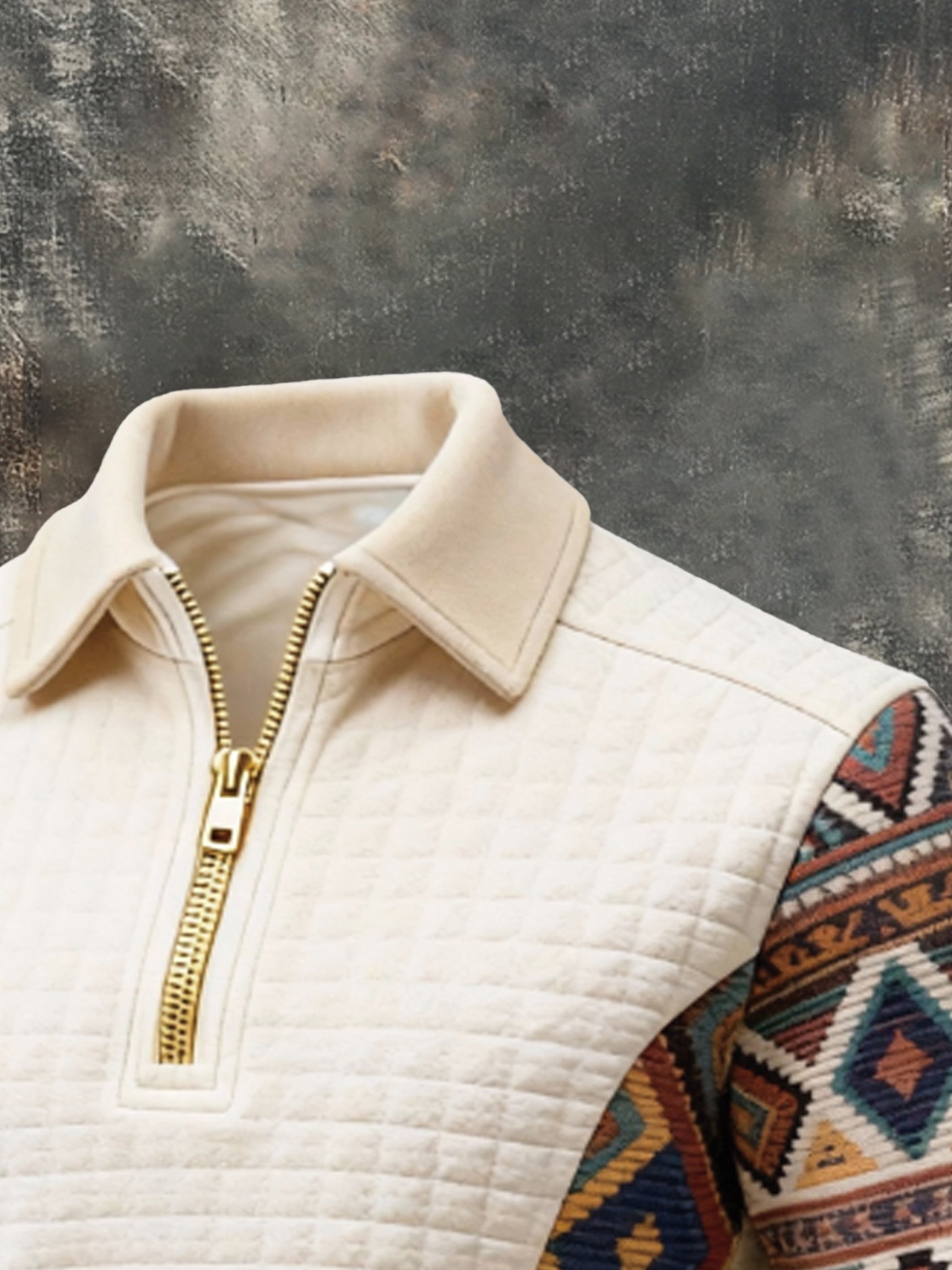 para hombre vintage Waffle-tejido Patchwork Comfortable Color-Block con cierre Sweacamiseta