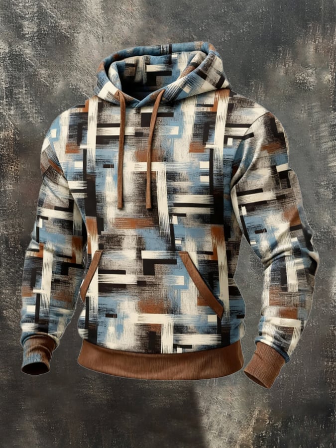 Sudadera retro desgastado en bloques de color estampado casual Fur cuello de manga larga para hombre