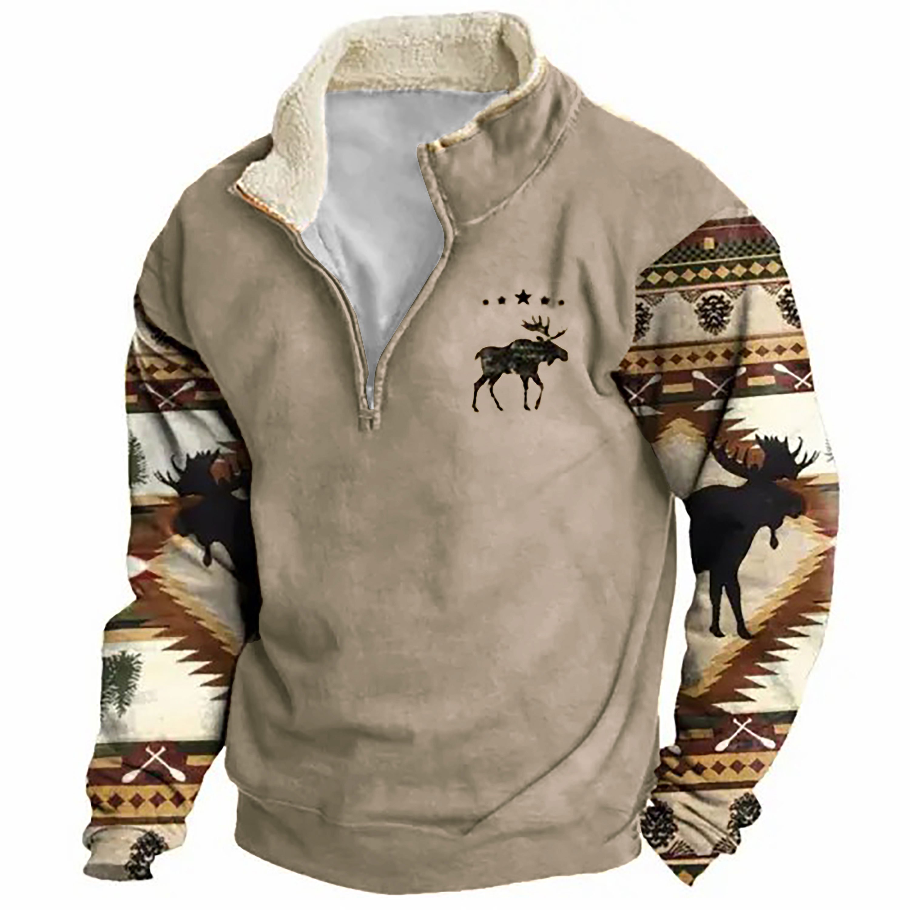 Sudadera retro Moose Creek Ethnic estampado Plush Half Open cuello Pullover para hombre
