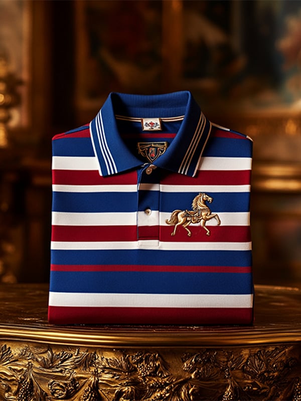 Camisa polo ejecutivo rayas Logo con botones de manga corta para hombre