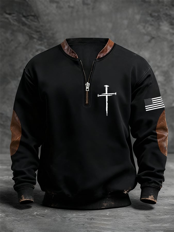 Sudadera retro Faith Cross estampado cierre Stand cuello de manga larga para hombre