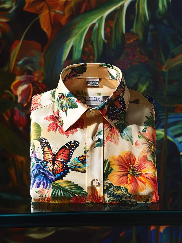 Camisa ejecutivo casual Butterfly floral solapa de manga corta para hombre