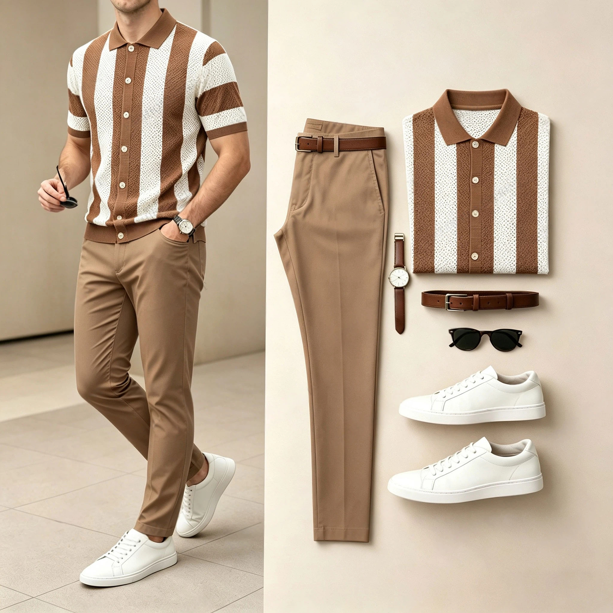 Conjunto de dos piezas Color-Blocked a rayas tejido Ice Silk de manga corta camisa polo and pantalón (Accessories Not Included) para hombre