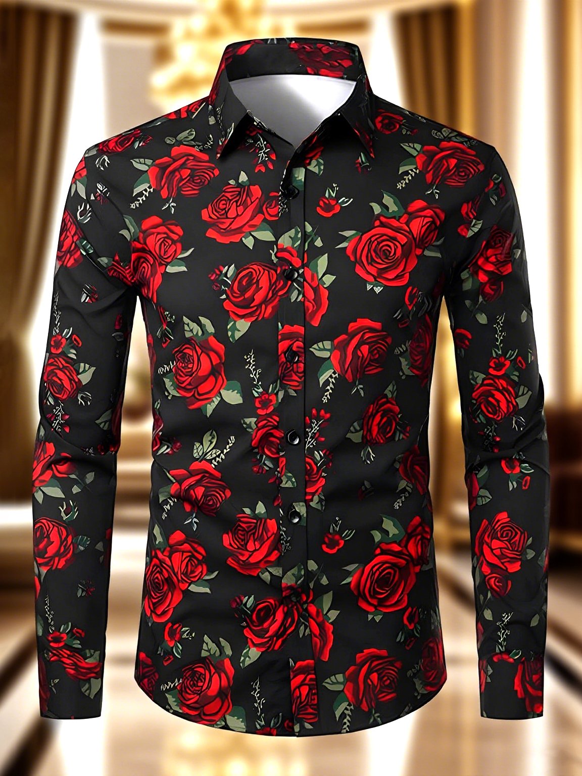Camisa satén Luxe floral de manga larga con botones para hombre