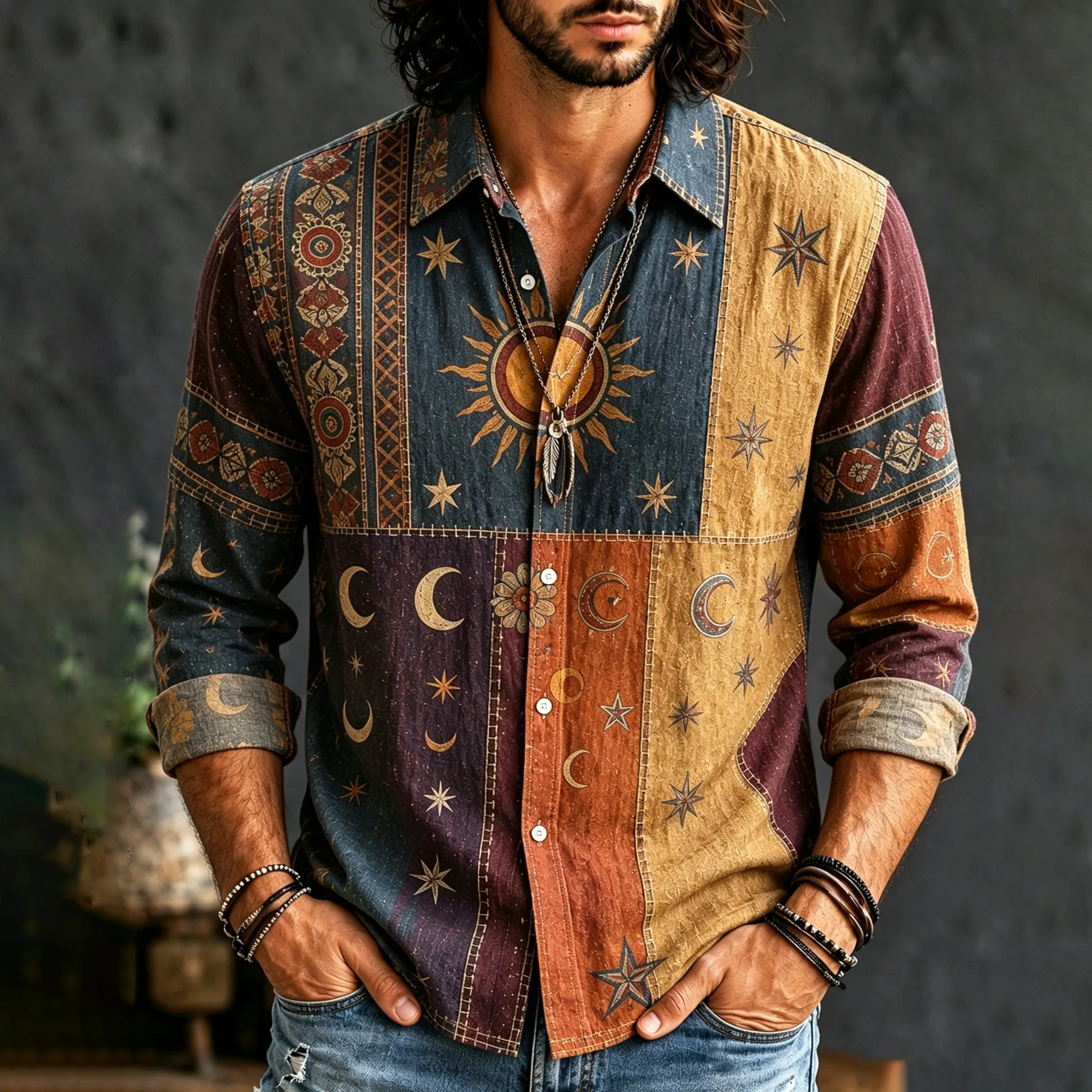 Camisa Hippie Sun And Moon Element Patchpara trabajo Art estampado de manga largas para hombre
