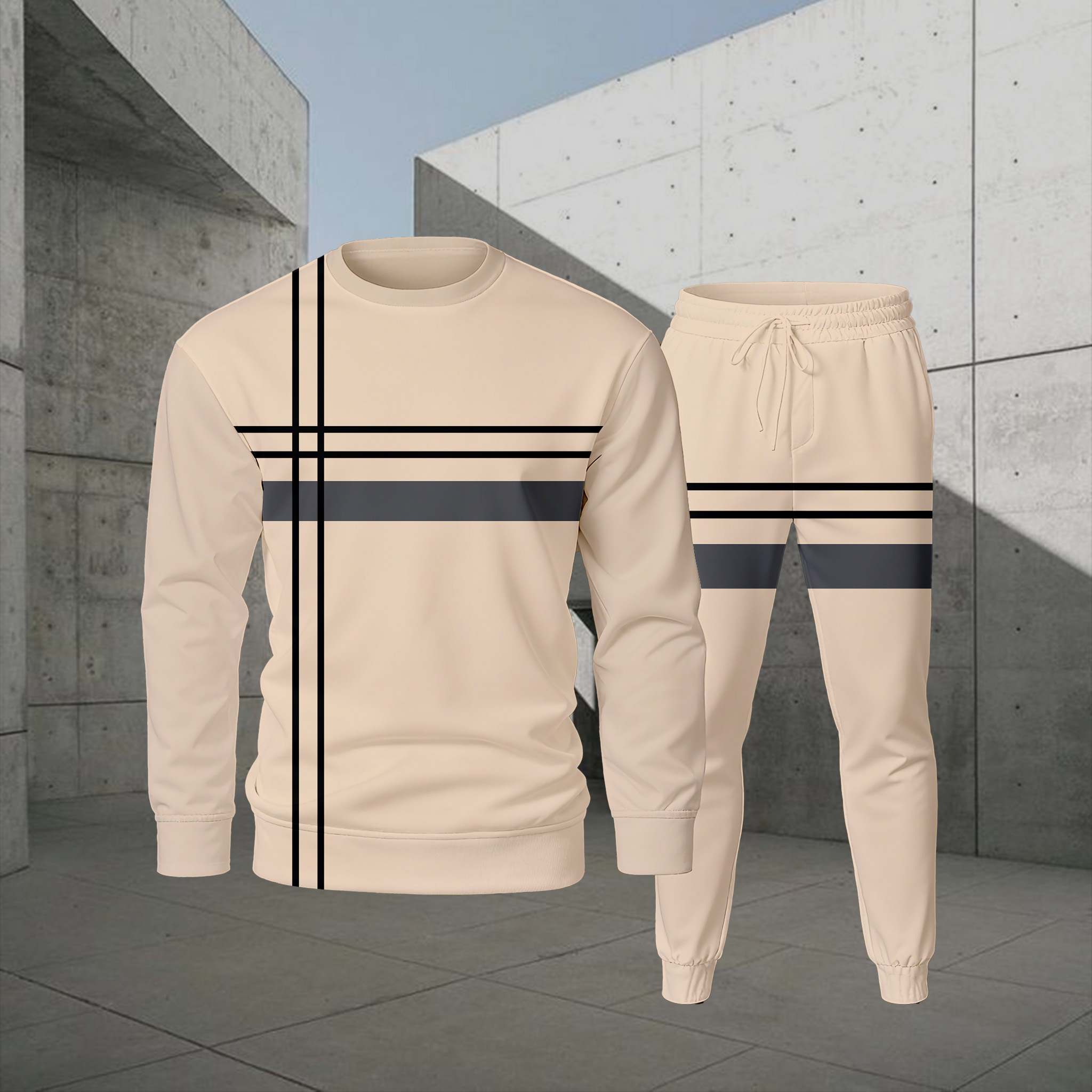 Conjunto de dos piezas casual Color Matching estampado Round-Neck de manga larga sudaderas Trousers para hombre
