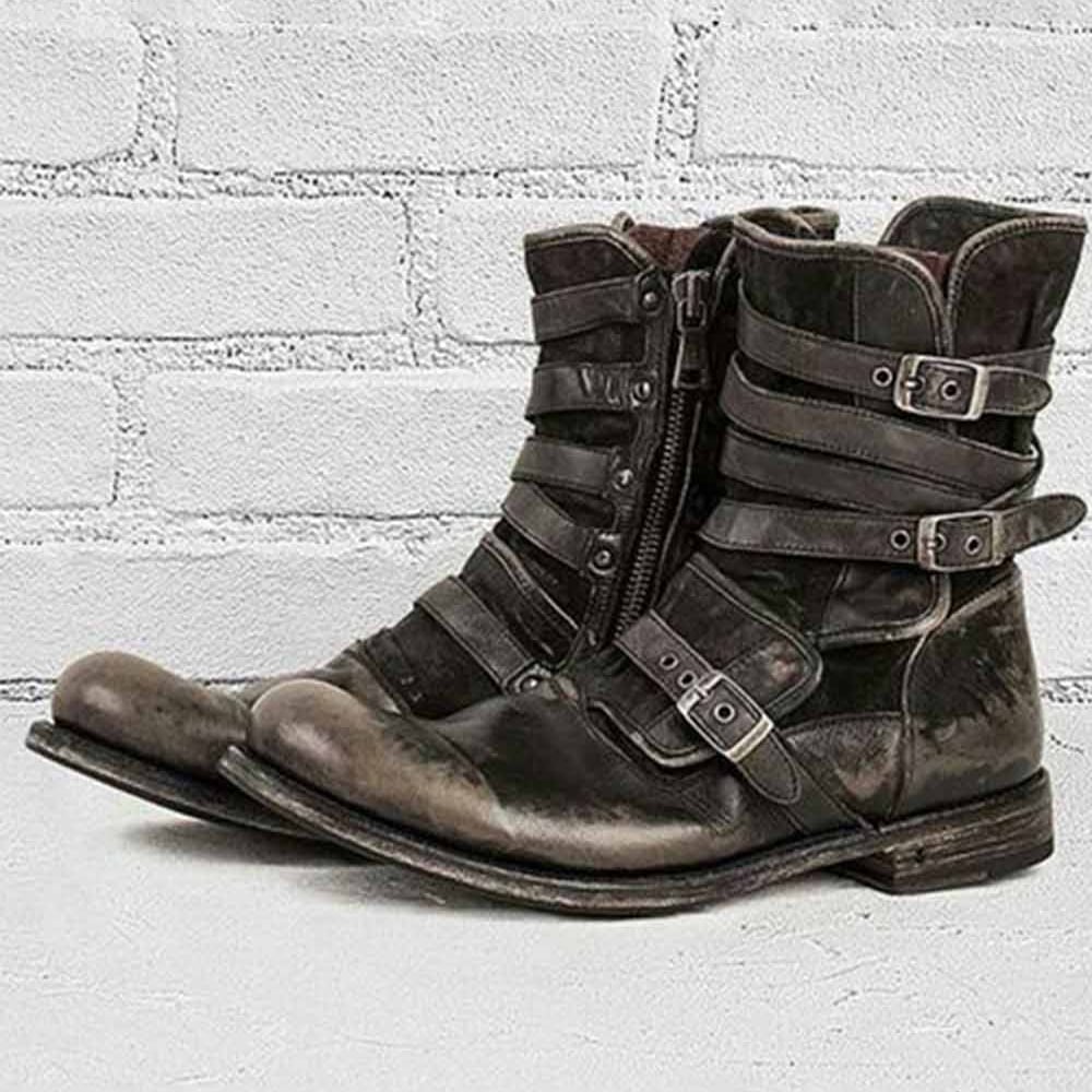Botas retro round head cinturón buckle side cierre thick heel casual para hombre