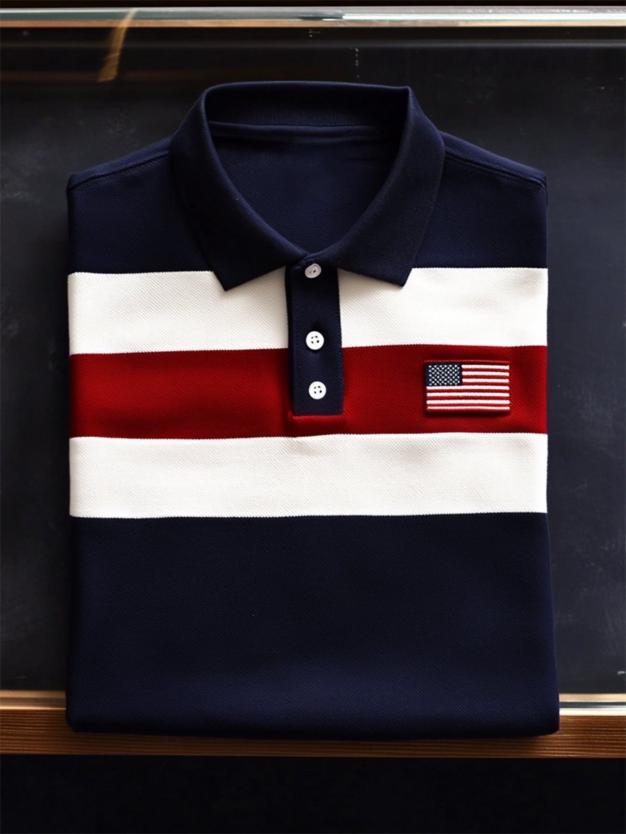 Camisa polo ejecutivo casual Embroidery Independence Day a rayas Button de manga corta para hombre