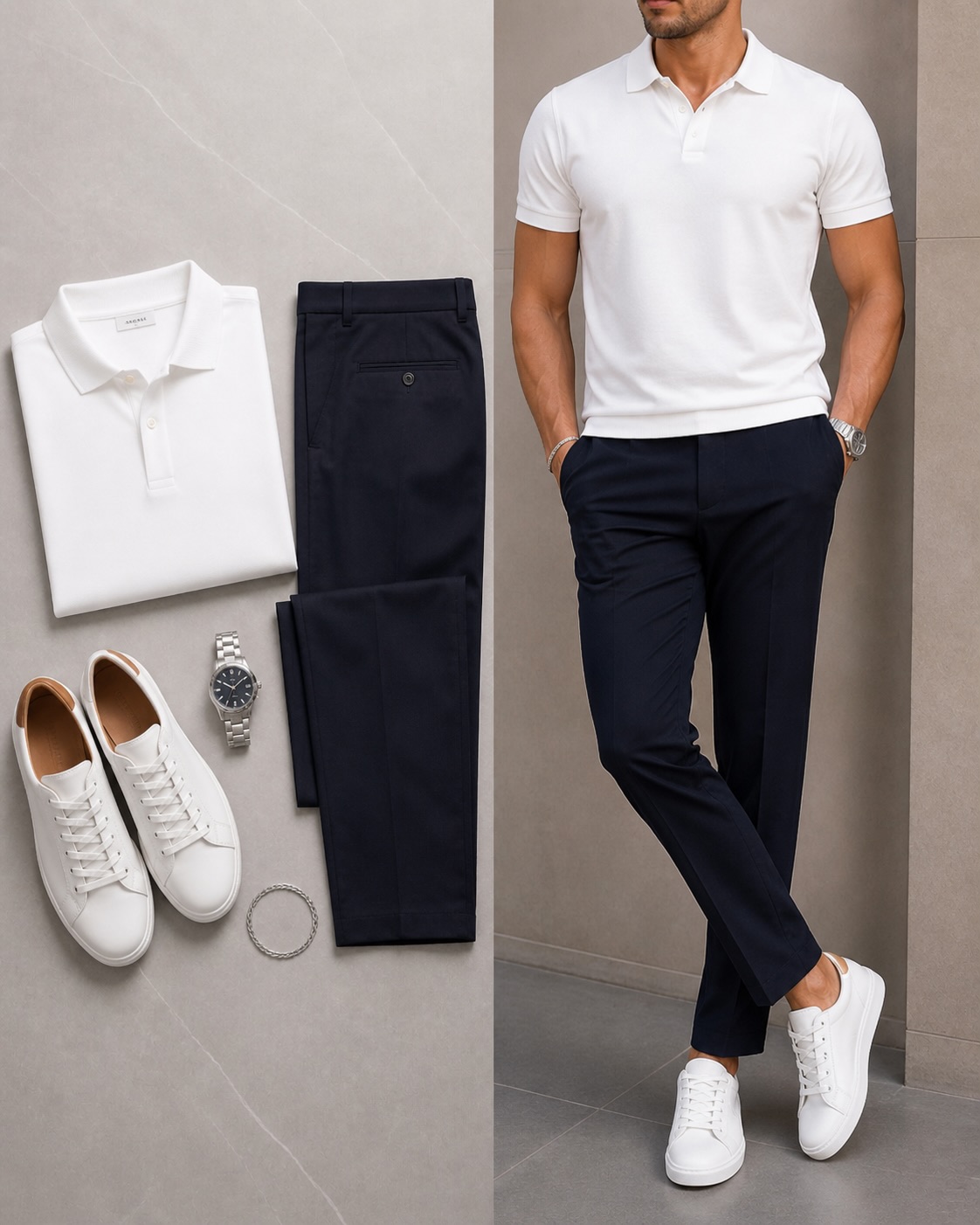 Conjunto de dos piezas casual White Color de manga cortas camisa polo & Jeans pantalón para hombre
