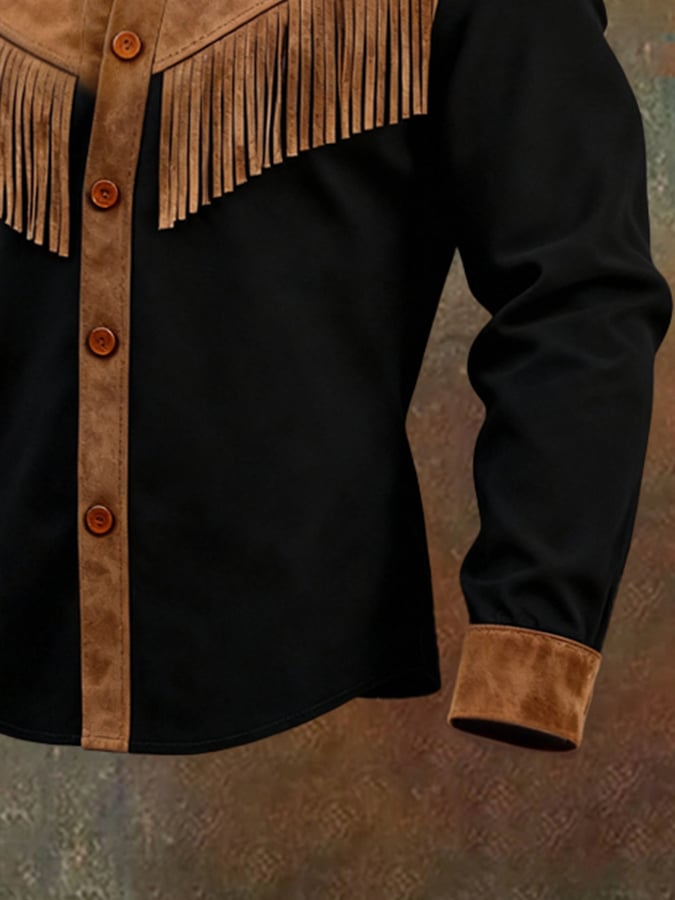 Camisa vintage Patchpara trabajo Color-Block gamuza de manga larga With Tassels para hombre