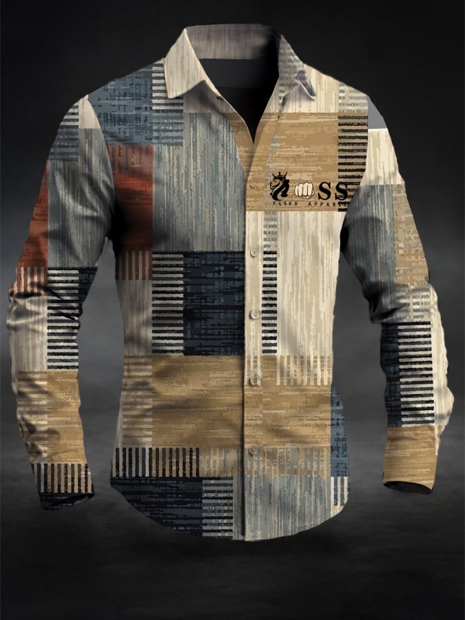 Camisa retro Letter Design estampado ejecutivo de manga larga para hombre