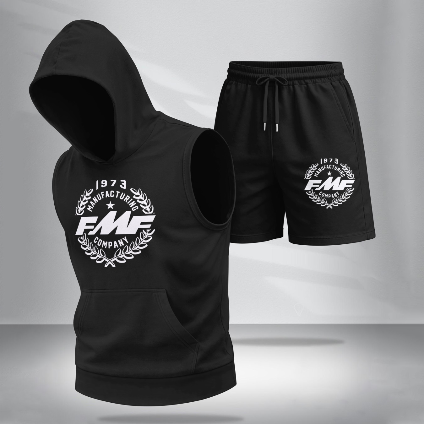 Conjunto de dos piezas : retro-estampado Hooded Vest & shorts — Regular Fit, casual Sporty Style, Sleeveless Top & shorts; Summer Apparel para hombre