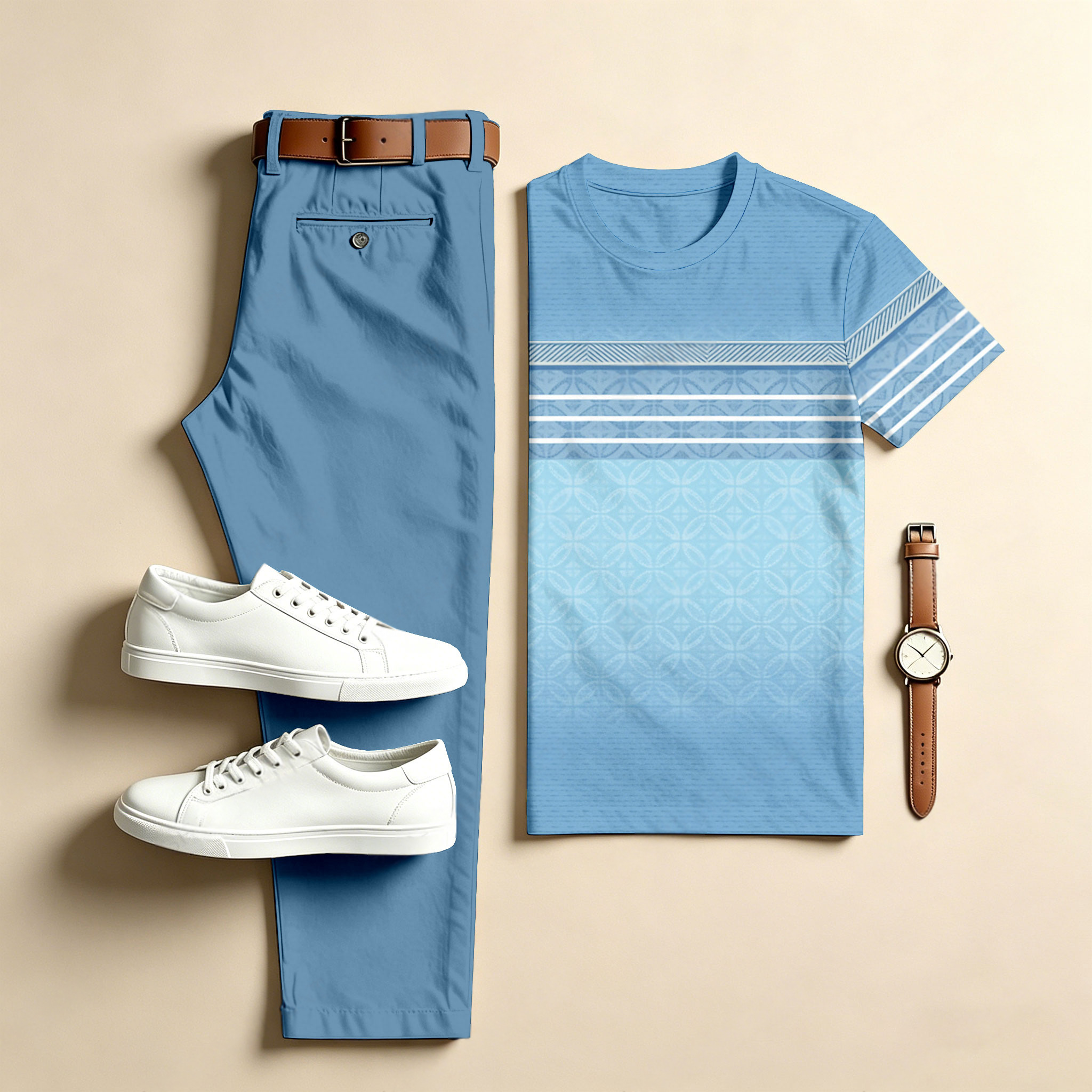 Conjunto de dos piezas casual Gradient rayas : estampado Crew Neck de manga corta Top & Long pantalón para hombre