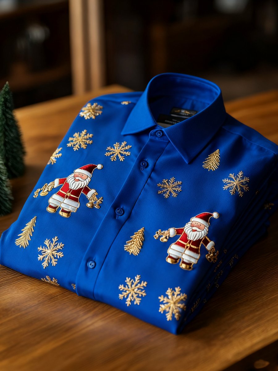 Camisa ejecutivo retro New Year Christmas estampado de manga larga para hombre