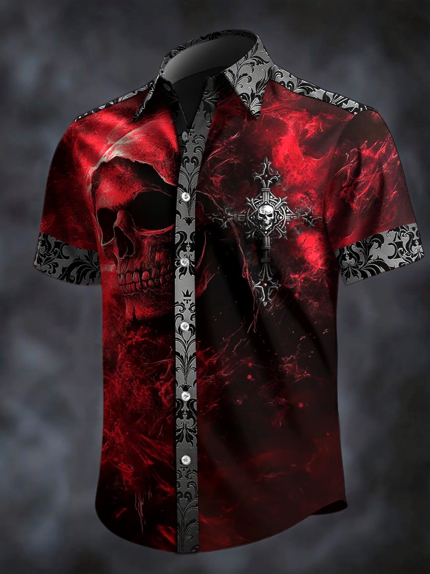 Camisa retro Horror Skull estampado solapa de manga corta para hombre