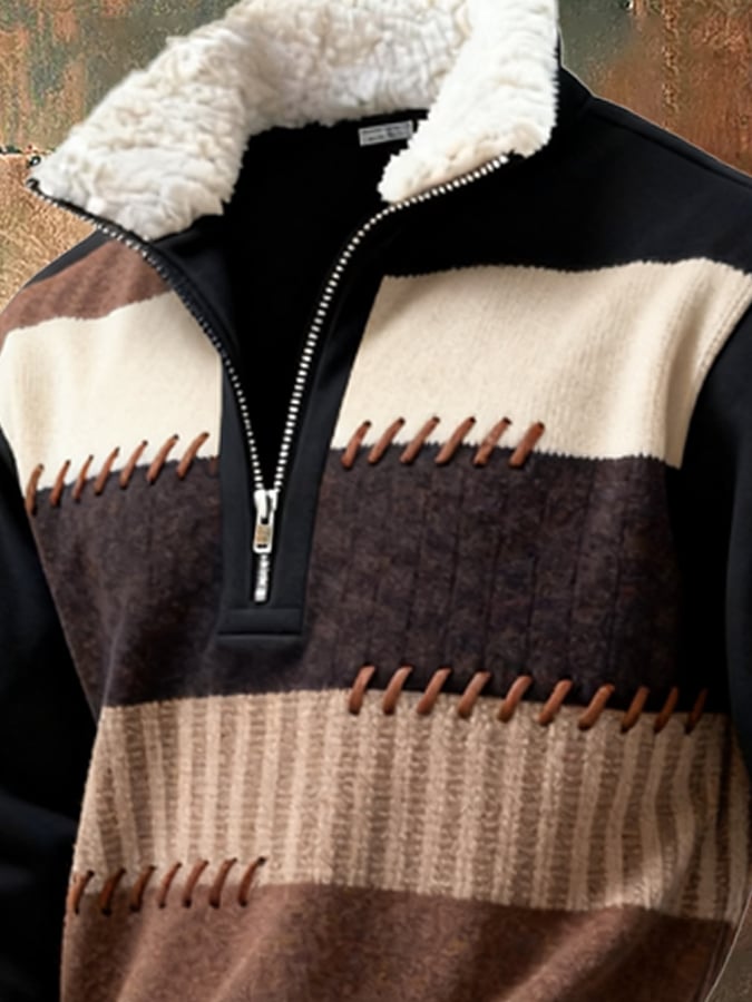 Sudadera retro en bloques de color estampado casual Fur cuello para hombre