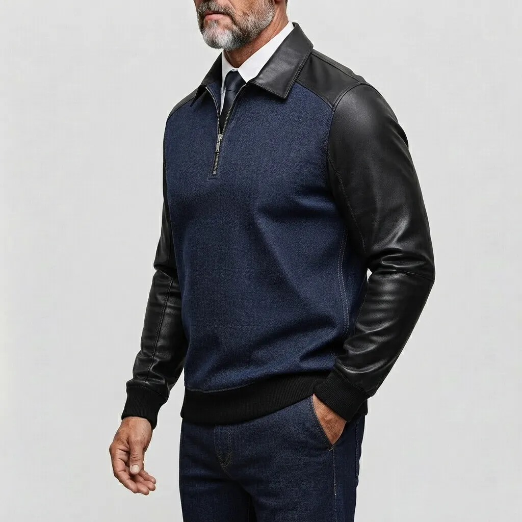 para hombre Denim PU Leather Patchwork de manga larga Half Zip Sweacamiseta