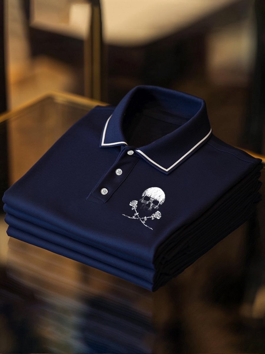 Camisa polo ejecutivo casual Skull Rose Button de manga corta para hombre