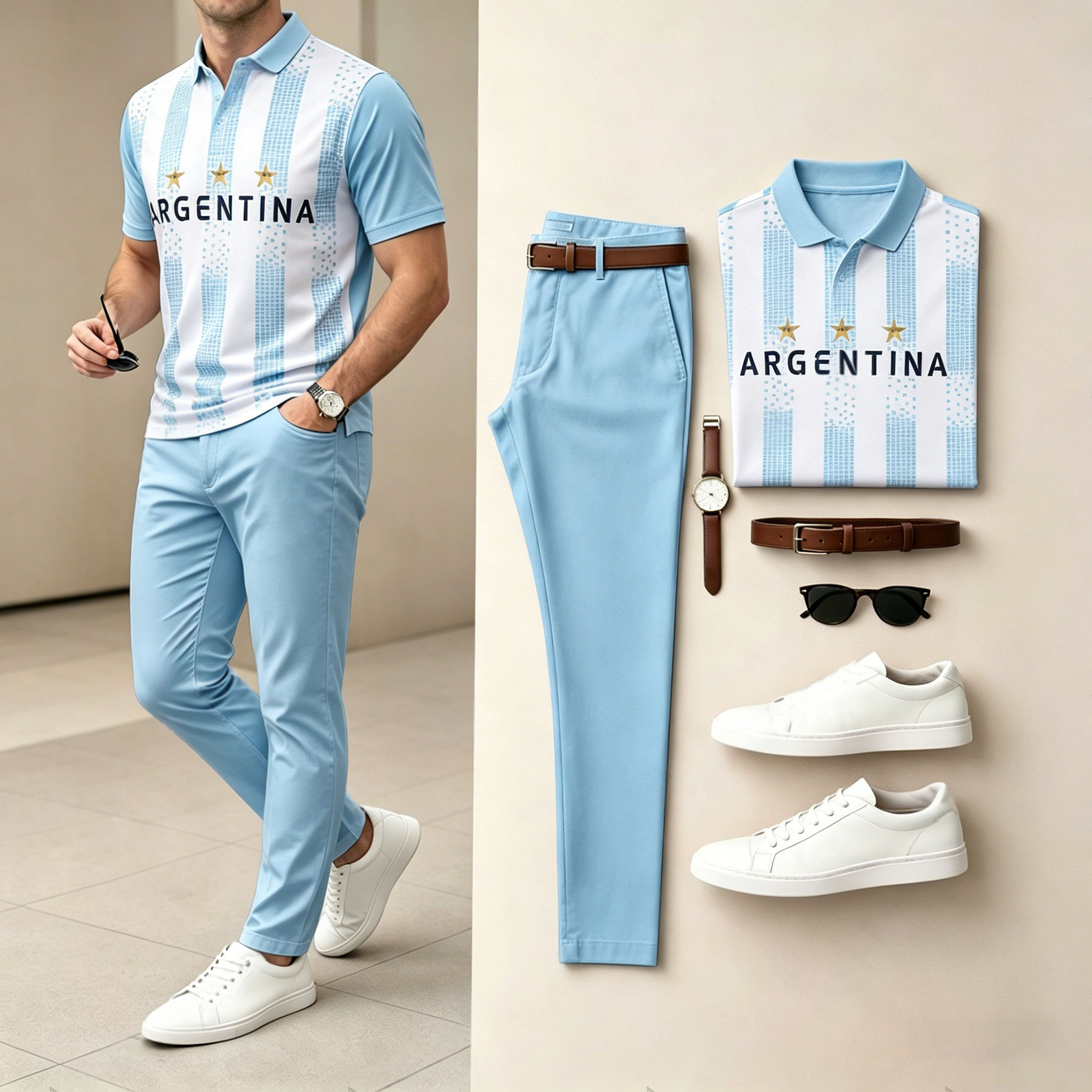 Conjunto de dos piezas casual Blue & White rayas Sporty estampado camisa polo And pantalón para hombre
