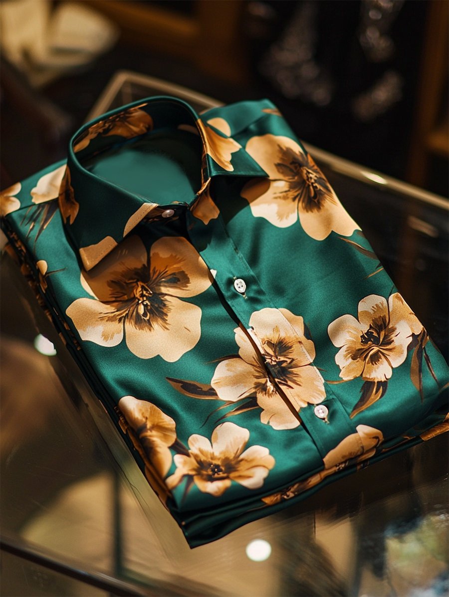Camisa satén Luxe hawaiano estampado de manga corta Button para hombre