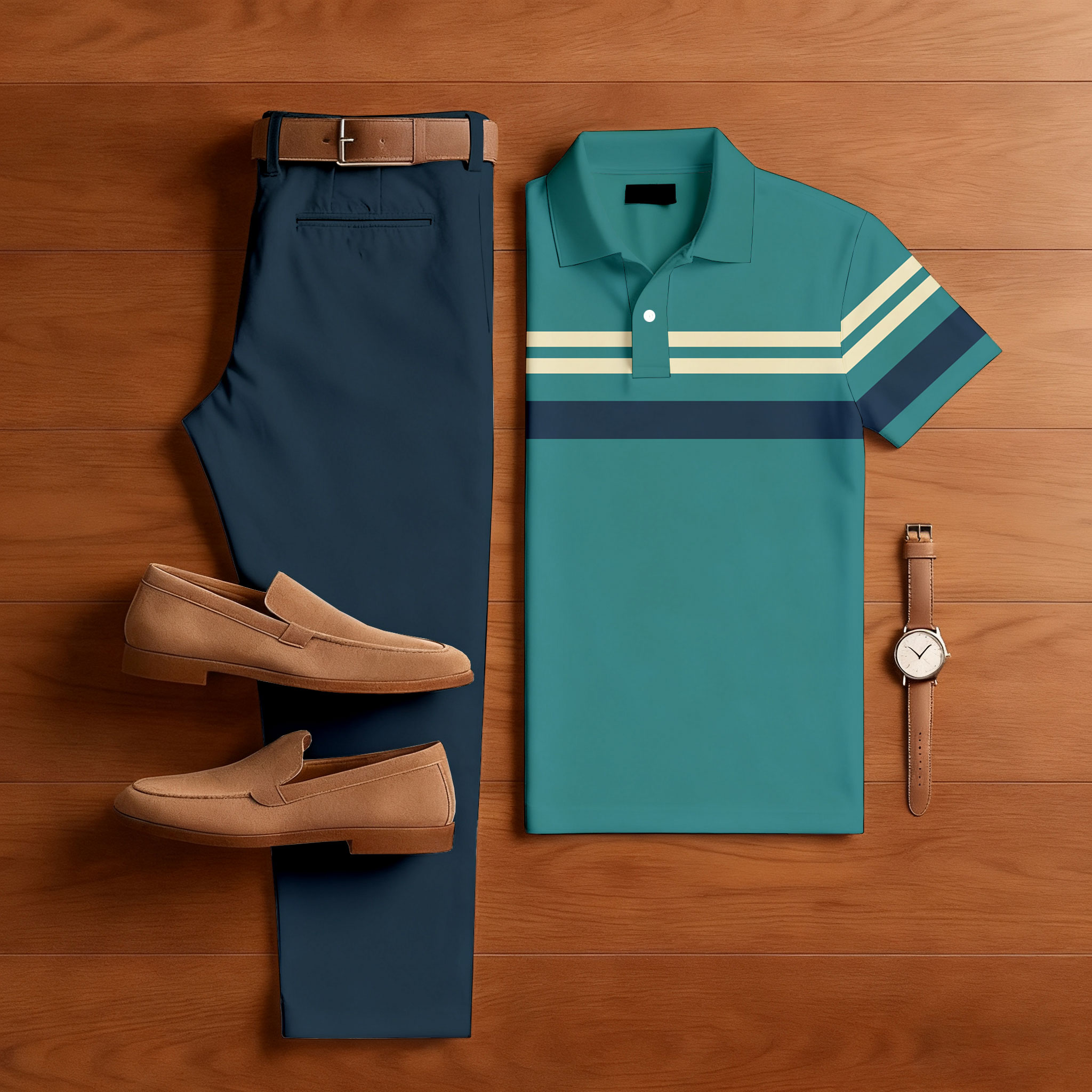 Conjunto de dos piezas casual Color Matching estampado Polo-Collar de manga corta Trousers para hombre
