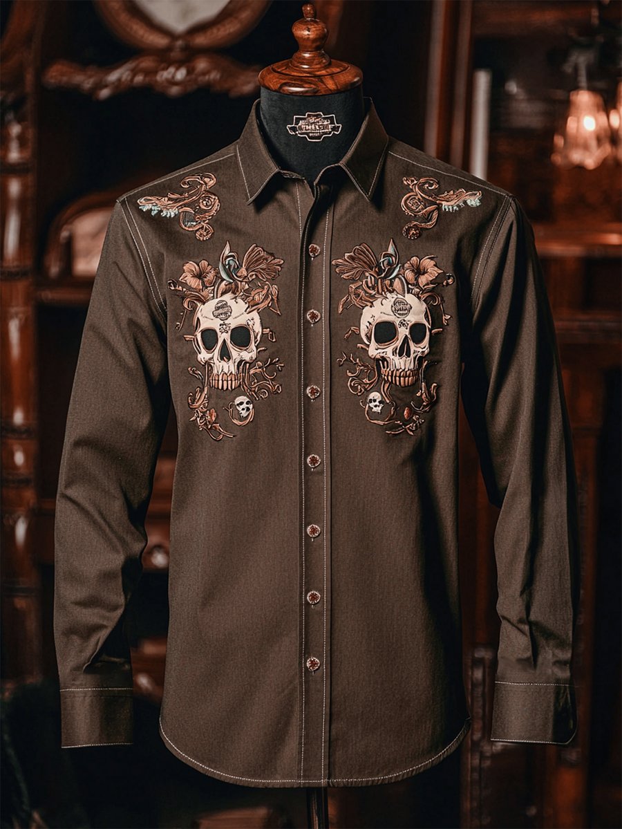 Camisa retro casual Skull estampado de manga larga para hombre