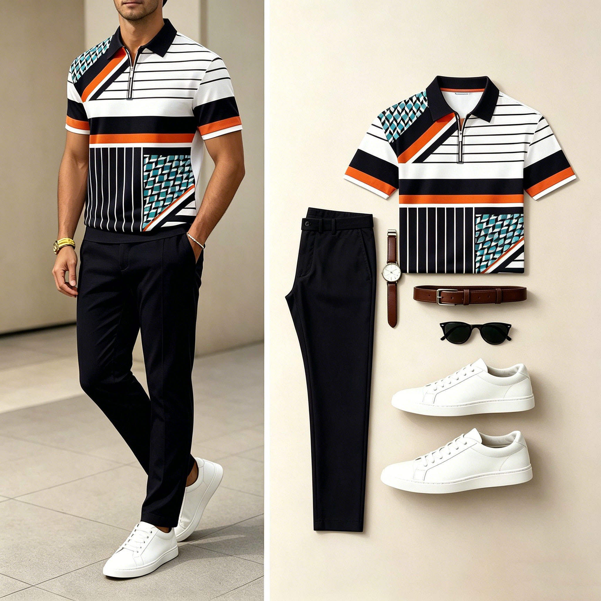 Conjunto de dos piezas casual estampado camisa polo And pantalón para hombre
