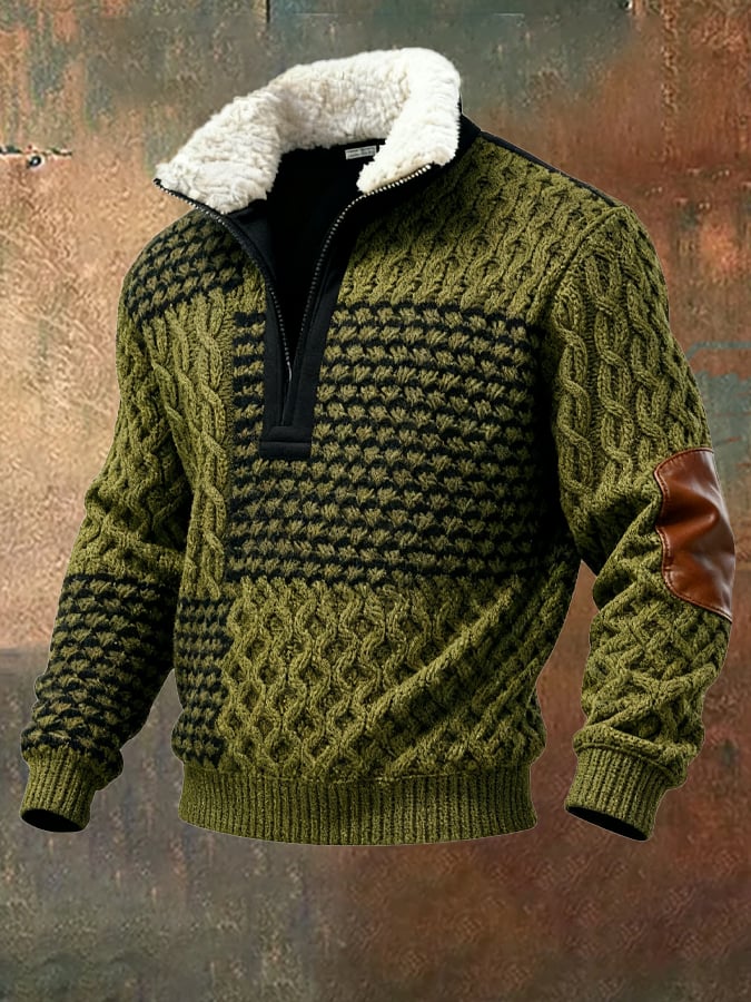 Sudadera retro en bloques de color estampado casual Fur cuello para hombre