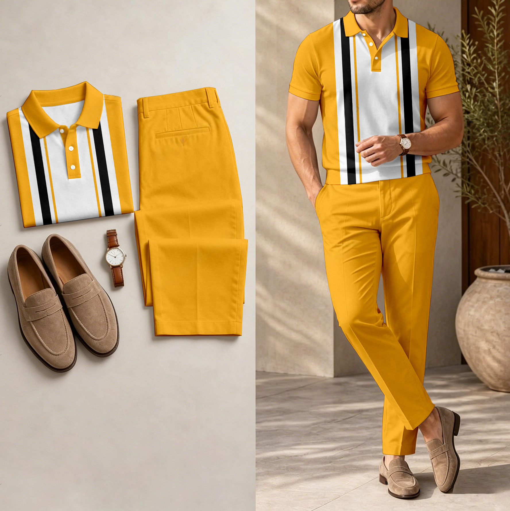 Conjunto de dos piezas casual Orange-White Geometric estampado camisa polo And pantalón para hombre