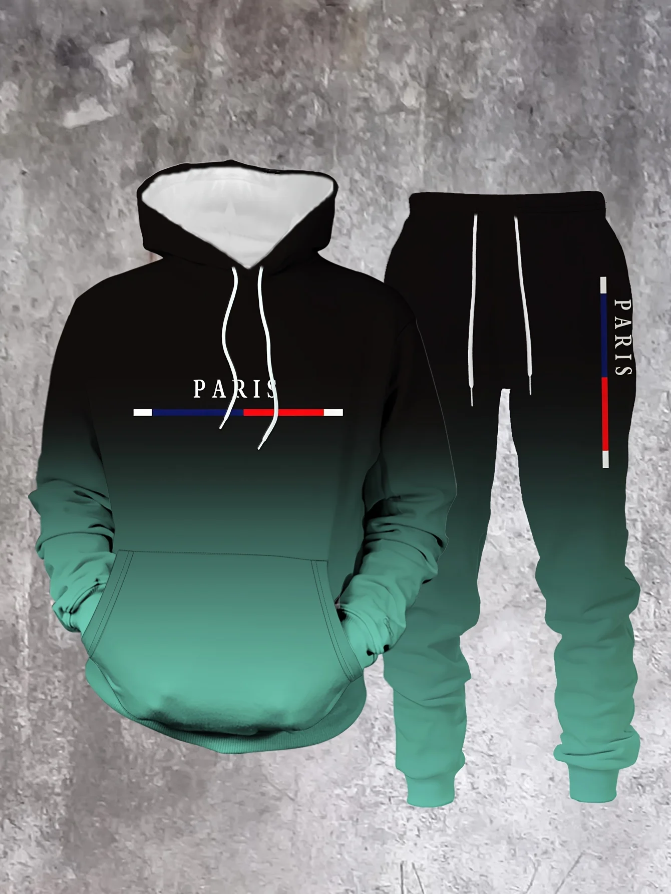 Sudadera con capucha Gradient Color Paris Tracksuit Outfit Street de moda 3D estampado Sport 2-Piece Autumn/Winter sudadera Sweatpantalón Set para hombre
